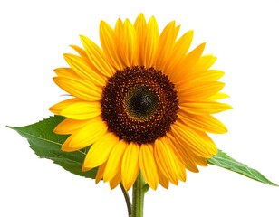 Bright yellow sunflower with dark brown center, vibrant petals, and green leaves, isolated on white