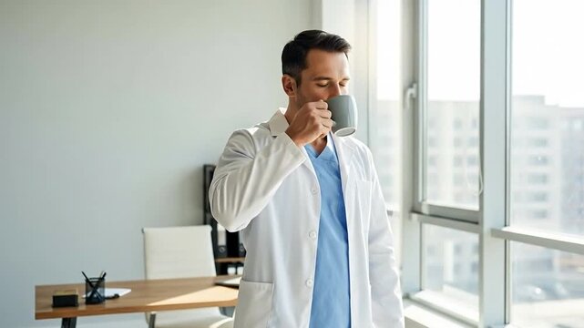 Male Doctor Taking Coffee Break Standing in Bright Modern Medical Office