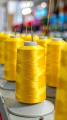 Bright yellow thread spools in a row, ready for textile work, with soft focus background of colorful thread