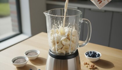 Pouring plant-based milk into blender with banana for smoothie. Healthy lifestyle, healthy eating. Vegan, nutrient rich meal prep. Clean, bright.
