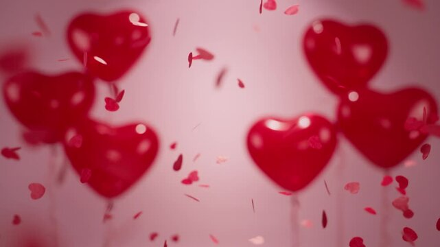 Romantic Scene of Red Heart Balloons and Falling Heart Shaped Confetti