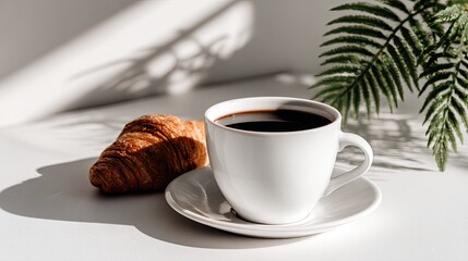 Hot dark beverage and baked pastry rest on a white surface under dramatic natural light