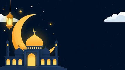 Serene Islamic night illustration featuring a radiant golden mosque, crescent moon, and twinkling stars, ideal for festive backgrounds and spiritual designs, evoking peace and celebration