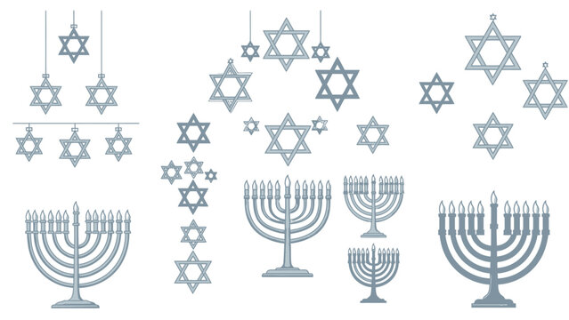 Collection of Hanukkah Symbols: Menorahs and Star of David Illustrations