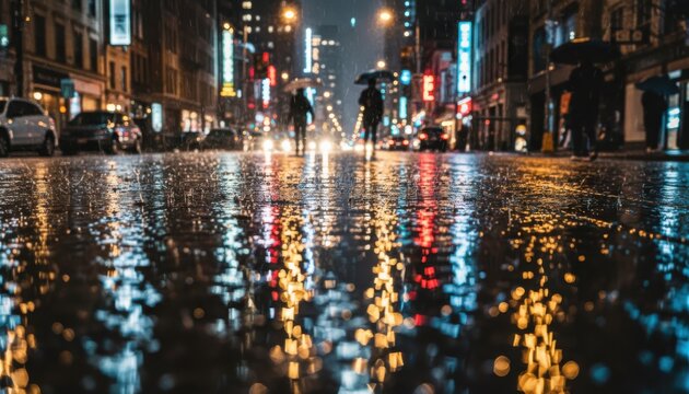 Rainy Night Cityscape, two People Walking with Umbrellas, Reflections, Wet Pavement, Urban Scene, Downtown, Bokeh, Atmospheric, Night Photography - Powered by Adobe