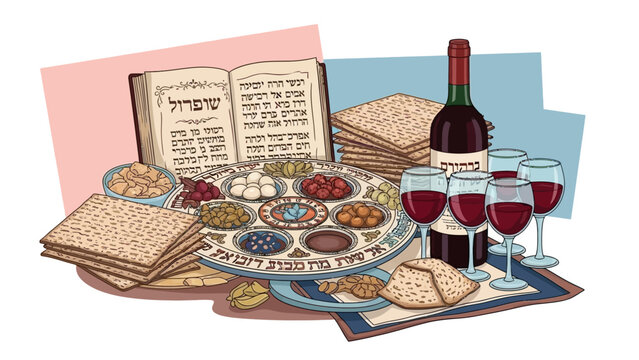 Jewish Passover Seder Plate, Matzah, Wine and Haggadah for Pesach Celebration