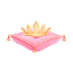 Watercolor illustration of a golden crown resting on a pink royal cushion. Soft hand-painted fairytale style, ideal for kids designs, invitations, nursery decor, princess-themed prints. © Elena