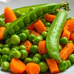 Brightly colored carrots and peas are mixed in a white bowl, ready to be eaten as a healthy side dish