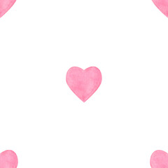 Obraz premium Pattern with watercolor illustrations of soft pink hearts scattered on a white background. Hand-painted, light and romantic style, perfect for Valentine cards, invitations, wrapping paper, textiles, a