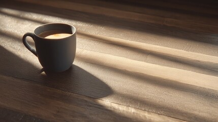 Ceramic beverage container rests on striped wooden surface illuminated by dramatic sunlight streaks