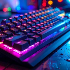 Fototapeta premium Illuminated Gaming Keyboard with Vibrant RGB Lighting on Dark Surface.