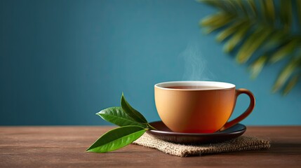 Steaming hot beverage rests on a wooden surface with fresh green foliage nearby