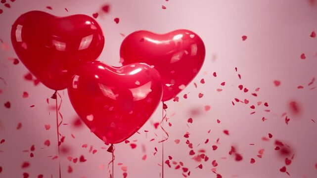 Romantic Scene of Red Heart Balloons and Falling Heart Shaped Confetti