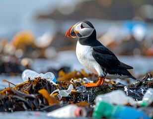 Brightly colored puffin stands on seaweed and plastic waste at seaside, looking alert against a blurred background