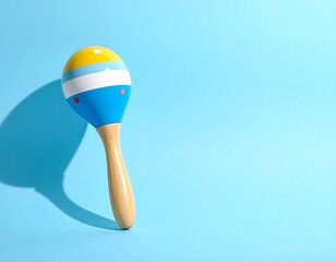 Brightly colored wooden maraca on a blue background, casting a dramatic shadow with ample copy space