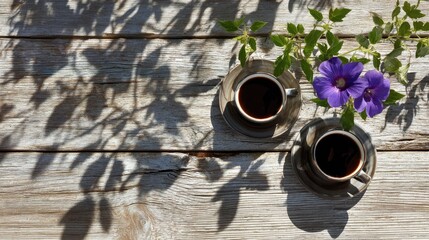 Two cups of dark beverage rest upon weathered wooden planks beneath dappled sunlight and purple blossoms