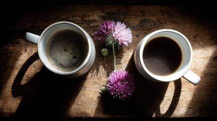 Two ceramic mugs filled with dark beverage rest beside purple blossoms on a rustic wooden surface illuminated by strong light