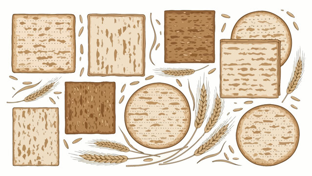 Flatbread Variety: Round and Square Matzah with Wheat Stalks and Grains