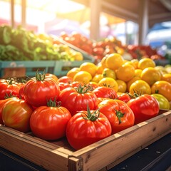 Brightly lit fresh produce tomatoes, lettuce, and more are on display at an outdoor market stall in a wooden crate