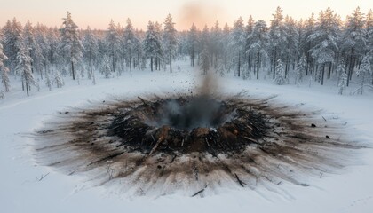 Explosion crater amid snowy forest. Realistic. Blast site. Ground zero. Destruction after blast in winter landscape. Aerial view. Impact event.