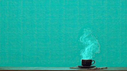 Dark ceramic cup emitting bright turquoise steam against a textured teal background