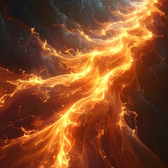 Abstract fiery orange stream flowing through a dark, moody, smoky background, creating a sense of dramatic energy