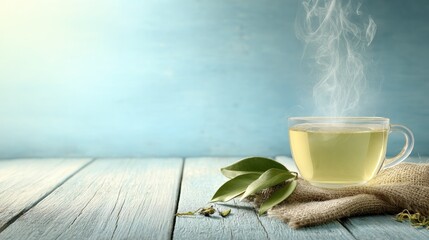 Steaming cup of pale herbal infusion rests on weathered wood beside fresh foliage