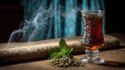 Steaming hot beverage rests beside fresh mint and dried herbs on a rustic wooden surface