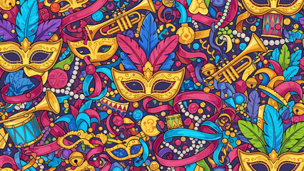Fototapeta premium Vibrant mardi gras carnival mask and musical instrument pattern background with colorful feathers and beads