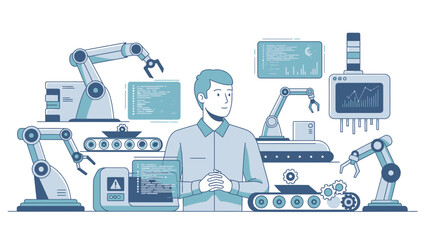 Man Surrounded by Industrial Robotics Machinery.