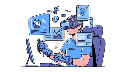 Man wearing virtual reality headset and gloves.