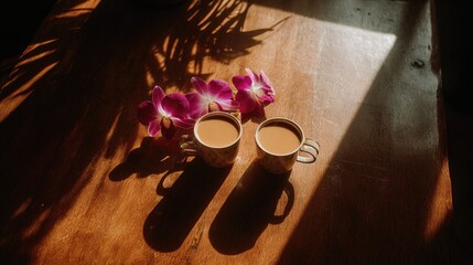 Two cups of milky beverage rest beside vibrant purple blossoms illuminated by dramatic sunlight across a wooden surface.