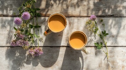 Two mugs filled with light brown beverage rest on weathered wooden planks alongside vibrant wildflowers.