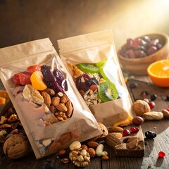 Brightly lit packets of trail mix, alongside dried fruit and nuts, on a rustic wooden surface