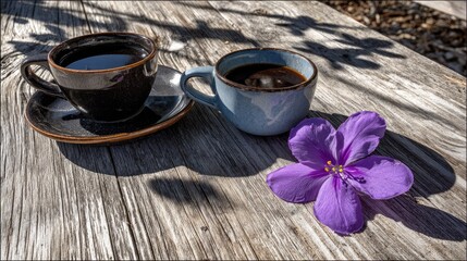 Two steaming mugs of dark beverage rest upon weathered timber next to a vibrant purple blossom.