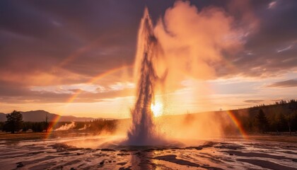 Erupting Strokkur Geysir at golden hour in Iceland, volcanic display, landscape photography, nature's power, geothermal activity, sunlight