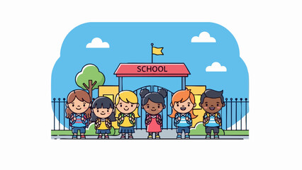 Group of diverse students standing in front of school building.