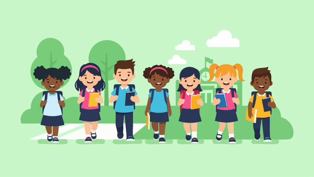 Diverse group of elementary school students walking together outdoors.