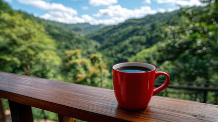 Bright red ceramic mug filled with dark beverage rests upon a wooden railing overlooking lush green mountain scenery
