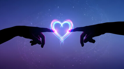 Two Hands Reaching, Touching, Creating Heart Shape with Neon Light Energy