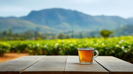 Freshly brewed beverage rests on wooden surface overlooking lush green cultivated landscape and distant peaks