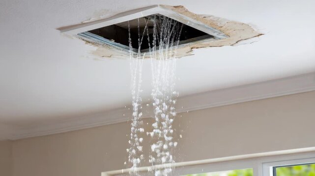 Water is pouring through a damaged ceiling, creating a cascade of droplets and damaging the plasterwork around the opening.