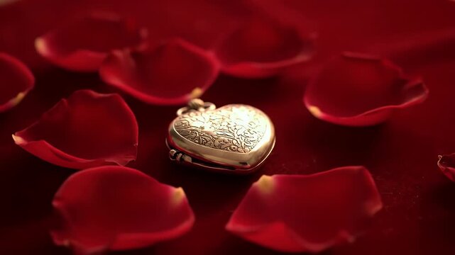 Delicate antique silver heart locket circled by camera amidst deep red rose petals on crimson velvet with tender golden hour light