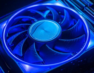 Brightly-lit blue fan with curved blades, partially obscured, against a black background, emitting a cool glow