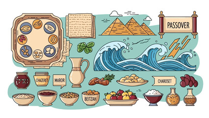 Passover Symbols and Food: Seder Plate, Matzah, Waves, Pyramids, and Wine