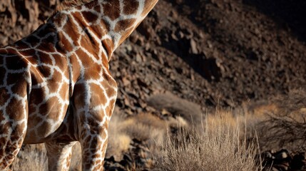Obraz premium Close-up detail of a giraffe's patterned skin and legs in a dry, rocky savanna landscape.