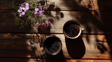 Empty coffee grounds remain in two mugs resting on a dark wooden surface beside scattered purple blossoms under strong sunlight.