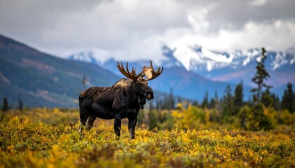 Bull moose stands in a colorful field with snow-capped mountains visible in the background under a cloudy sky
