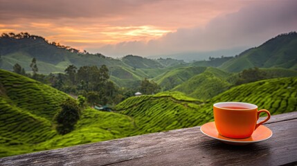 Bright orange cup of hot beverage rests upon a wooden surface overlooking lush green cultivated hills at sunrise