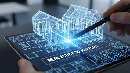 Hand Using Stylus on Tablet Displaying 3d Real Estate House Model and Blueprint in Office